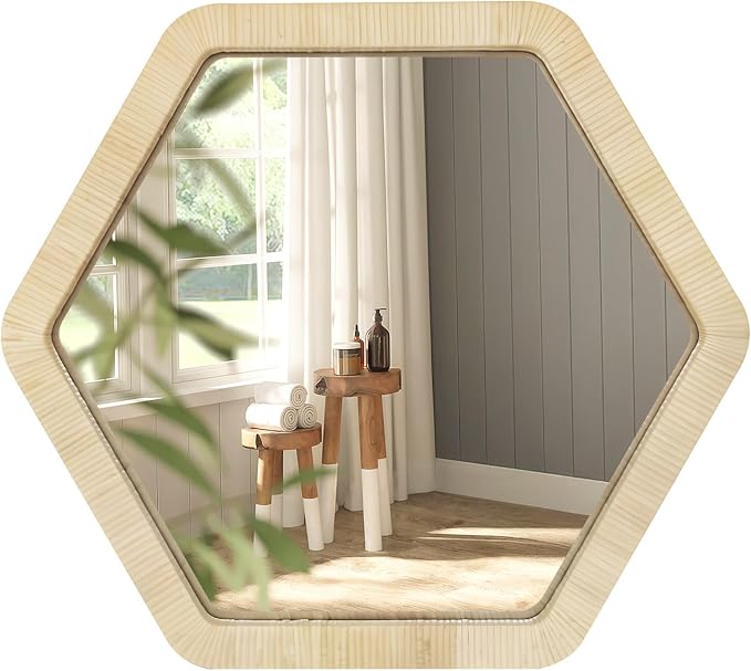 ULIKE Rattan Wicker Mirror for Wall,Boho Woven Bathroom 30 Inch Rustic Farmhouse Wall Decor with Handmade Rattan Frame, Boho Mirror for Nursery Bedroom Living Room Entryway