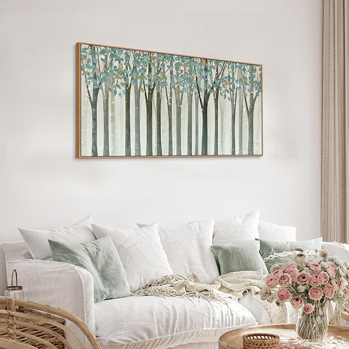 VEAEE Framed Birch Tree Wall Art - Living Room Wall Decor, Abstract Nature Forest Landscape Canvas Pictures, Teal Trees Paintings - Scenic Picture and Modern Home Decor for Bedroom Office 20" x 40"