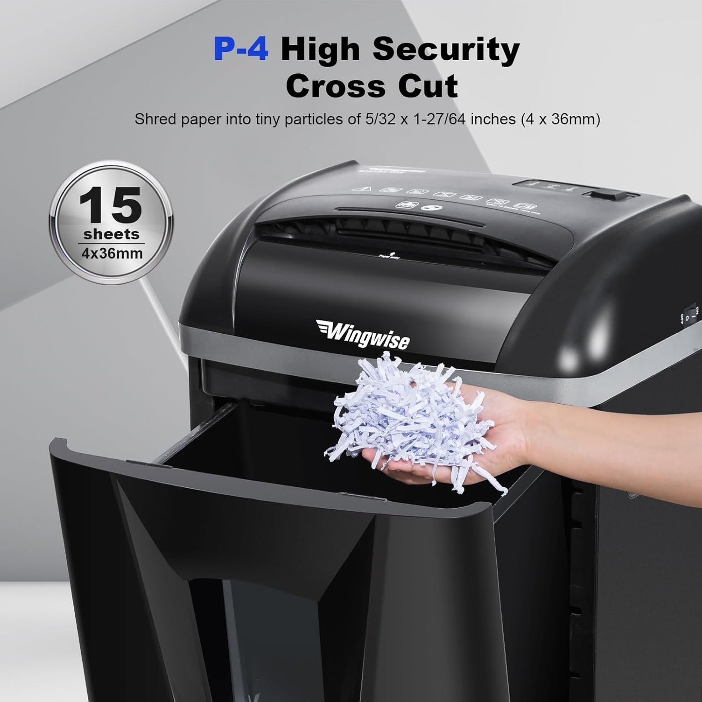 Wingwise 15-Sheet Paper Shredder - Quiet 58dB Operation, P4 Cross-Cut Security | 5.8-Gallon Bin, Shreds Credit Cards & CDs