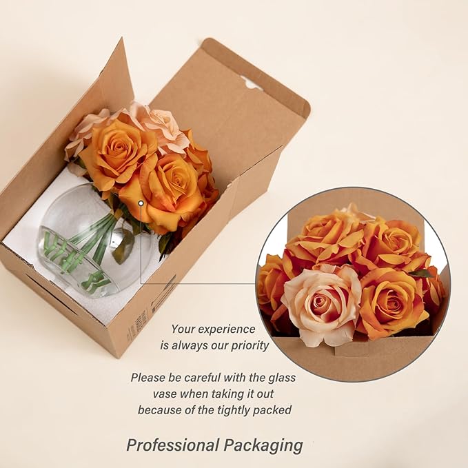 Artificial Flowers Arrangements in Vase with Faux Water, Artificial Orange Silk Rose Bouquet with Vase for Winter Seasonal Home Christmas Wedding Party Centerpieces Decor & Gift (Orange Champagne)