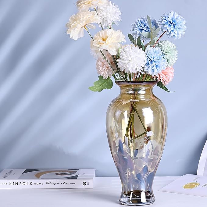 11.8" Tall Amber Gold Glass Vase Beautiful Hand Blown Glass Vase Modern Art Home Decor, Wide Mouth Colorful Vases for Mantle Dining Table Centerpiece, Entryway Living Room Wedding Decoration