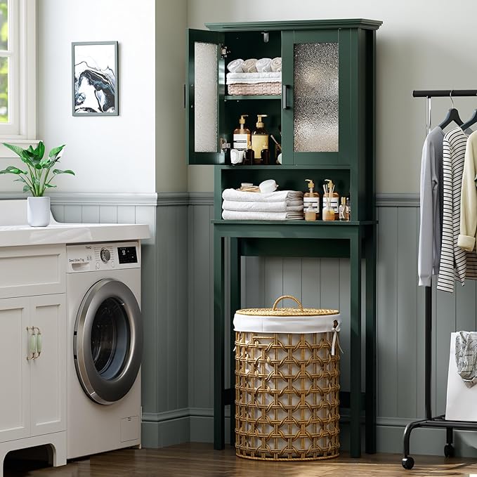 Over The Toilet Storage Cabinet, Over Toilet Storage with Glass Doors and Adjustable Shelf, Thicken Frame Above The Toilet Storage Cabinet Behind The Toilet Bathroom Organizer, Forest Green
