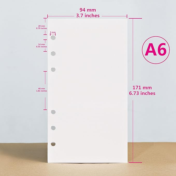 A6 Loose Leaf Refill Paper, 171x94mm, 135 Sheets Plain White Planner Refills, 6-Ring Binder Compatible, 100GSM Insert Papers for Notebooks, School, Office, College Notes, Journaling & Printing