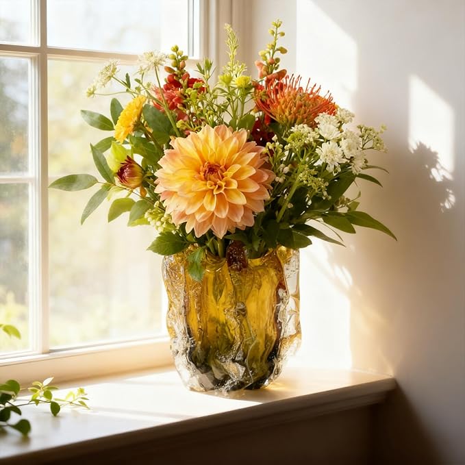 Blown Glass Bubble with Ruffled Edge Vase, Art Glass for Home Decor, Tall Vases for Centerpieces & Flowers, Crystal-Like for Bouquets & Pampas Grass, Vases Amber, Flower Bouquet Display (Yellow, S)