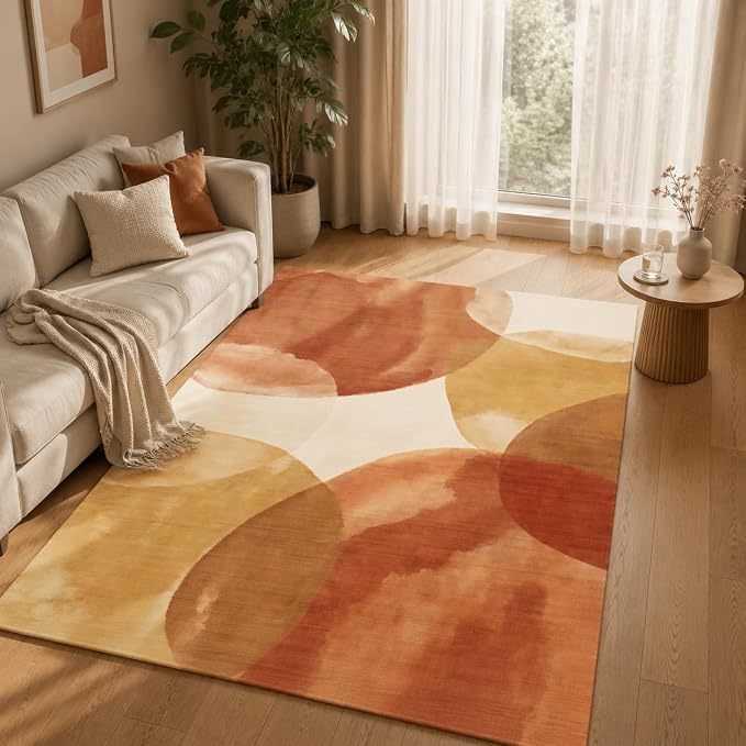 GraceSway 5x7 Area Rug, Modern Abstract Watercolor Rug in Rust Orange and Mustard Yellow, Faux Cashmere Ultra Soft Short Pile, Machine Washable, Non-Slip, for Living Room, Bedroom