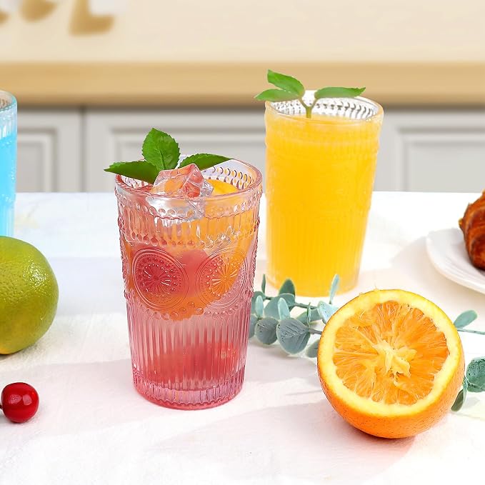 Loivttvv 6pcs Vintage Drinking Glasses Set, 12 oz Pink Highball Glasses, Embossed Ribbed Glassware Cups for Cocktail, Water, Juice, Coffee, Whiskey