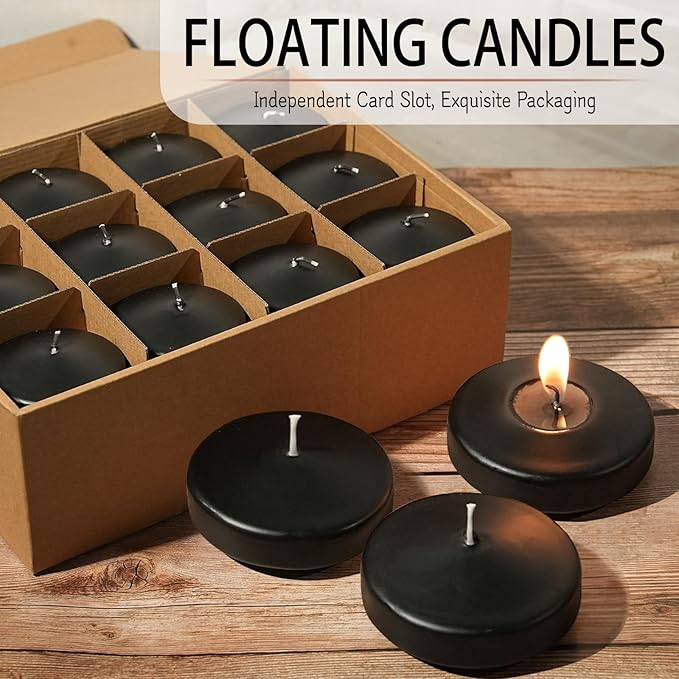 3 inch Floating Candles 36 Packs Black Floating Candles 8-9 Hours Floating Candle for Centerpieces 3” Water Candles for Cylinder Vases, Pool, Wedding, Party