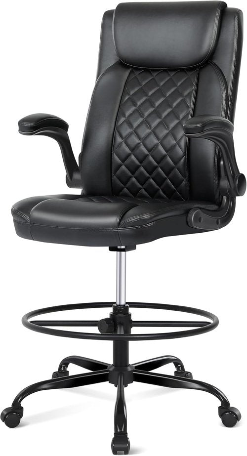 Misolant Drafting Chair - Adjustable Height Office Chair with Footrest & 360° Swivel Wheels | Black PU Leather