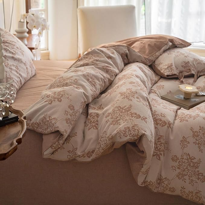 VM VOUGEMARKET Chic Floral Duvet Cover Queen,Yarn-Dyed Cotton Jacquard Textured Duvet Cover with Bowknot Retro Monet Style Bedding Set-90"x90",Pumpkin