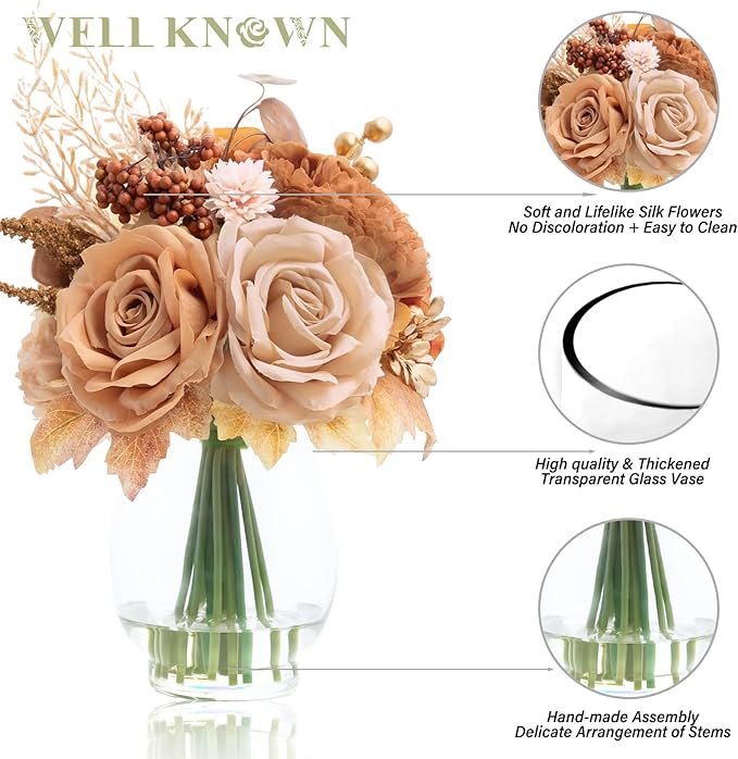 Artificial Flowers in Vase with Fake Water, Fake Terracotta Coffee Earth Tone Silk Rose Gold Berry Flowers Arrangement for Winter Home Decor Dining Table Centerpiece Wedding Christmas Party Gift