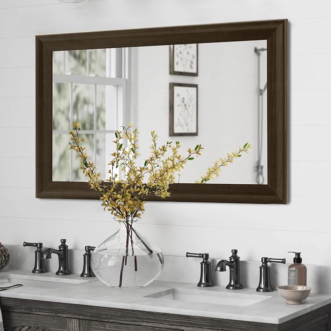 CULER Rustic Wood Wall Mirror for Bathroom,Rectangle 24 x 36 inch Hanging Black Mirrors with Wooden Frame for Living Room,Bedroom,Entryway(Dark Walnut)