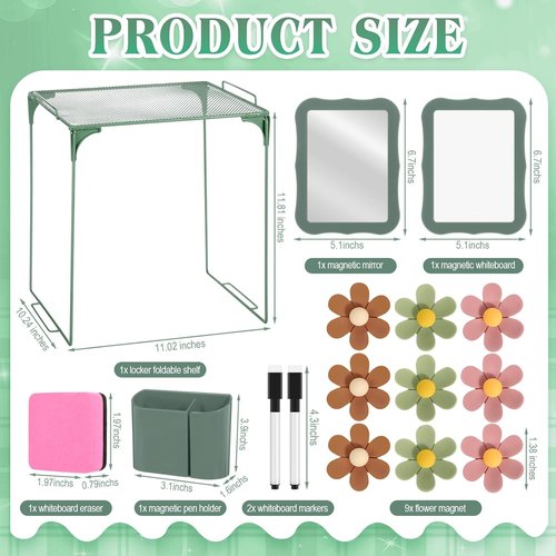 Colarr 16 Pcs Dark Green Locker Accessories Set - Magnetic Whiteboard, Mirror & Flower Decor