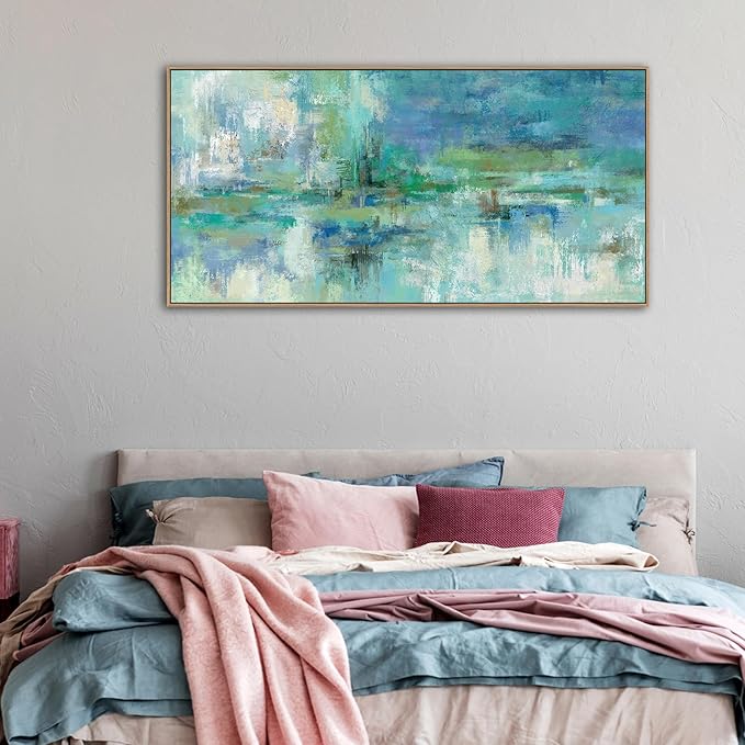 VEAEE Framed Abstract Wall Art - Teal Turquoise Green Colorful Modern Canvas Pictures, Living Room Wall Decor, Contemporary Landscape Painting Prints for Bedroom Bathroom Office Decor 24" x 48"