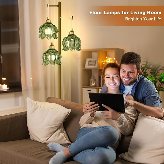 ILLMTW Glass Floor Lamp for Living Room,Bedroom,Gold Mid Century Modern Standing Lamp Brass Tree 3 Light Tall Floor Lamps Vintage Retro Floor Lights Green Flower Lamp Shade Farmhouse Boho Bohemian
