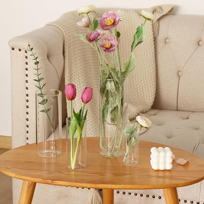Fixwal 24pcs Clear Glass Cylinder Vases, 4, 6, 8, 10 Inch Tall Cylinder Vases for Centerpieces, Glass Flower Vase Floating Candle Holder Vase for Table Shelf, Party, Wedding, Home Decor