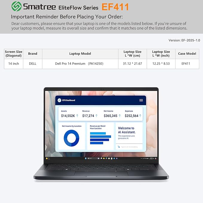 Smatree EliteFlow Laptop Sleeve Case for 14 inch DELL Pro 14 Premium PA14250, Slim Protective Laptop Case with Accessory Pocket and Handle, Patented Super-Corner Shock Protection (EF411)