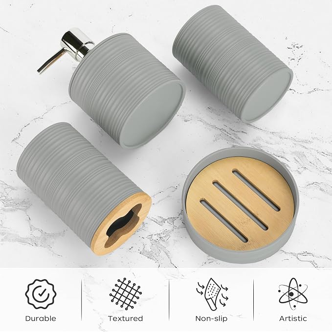 4 PCS Grey Bathroom Accessories Set, Includes a Soap Dispenser, Toothbrush Holder, Soap Dish and Mouthwash Cup, Plastics & Bamboo Bathroom Set, Bohemian Style Bathroom Sink Set