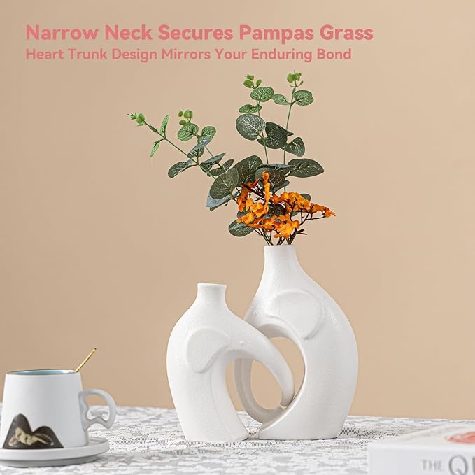 Elephant Couple Vase Set - 2-Piece White Ceramic Vases with Heart-Shaped Trunk Design, Romantic Gifts for Couples, Wedding Gift for Couple, Decorative Vase for Living Room/Dresser