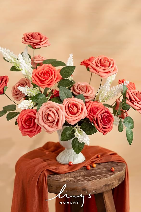 Ling's moment Artificial Flowers 25Pcs 3" Roses in Coral Dusty Cedar Shades, Realistic DIY Foam Floral Decor for Wedding Bouquets/Centerpieces, Outdoor Party Backdrops, Room/Table, Shower Decorations