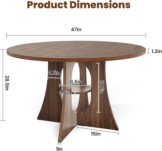 47" Round Dining Table for 4-6, Space-Saving Dining Room Table with Thick Tabletop and Sculptural Base, Wood Grain Dinner Table with Storage Shelf for Kitchen, Dining Room, Living Room, Walnut