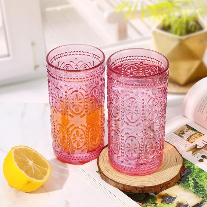 abrwyy Drinking Highball Beverage Glass Cup, Vintage Drinking Glasses, Colored Glassware Set for Party Wedding Home Office Gift, Set of 4 ,Pink