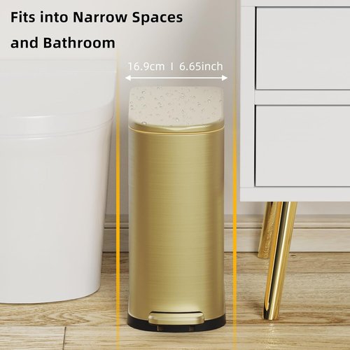 KSSKSS Slim Bathroom Trash Can - 2.6 Gallon Stainless Steel with Soft Close Foot Pedal | Gold Finish