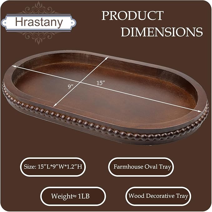 Hrastany Oval Wood Decorative Tray with Wooden Beads, Vintage Serving Platter Tray for Ottoman, Coffee Table, Entertaining, Kitchen Counter Organizer, Home Decor (Retro Brown)
