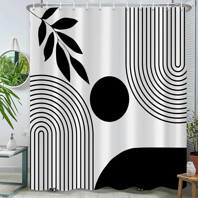 Boho Shower Curtain Mid Century Modern Shower Curtains for Bathroom Black and White Geometric Minimalist Abstract Bohemian Waterproof Fabric Bathroom Shower Curtain Set 72x72 Inch
