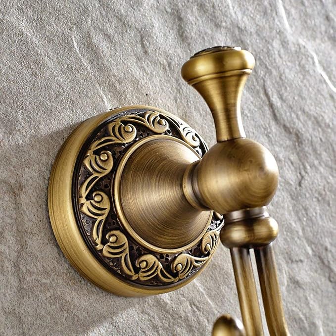 Brass Towel Hook, Antique Brass Bathroom Robe Hooks, Double Rustic Towel Hooks Bath Farmhouse Coat Clothes Hook Wall Mounted for Bathroom Kitchen Washroom Bedroom