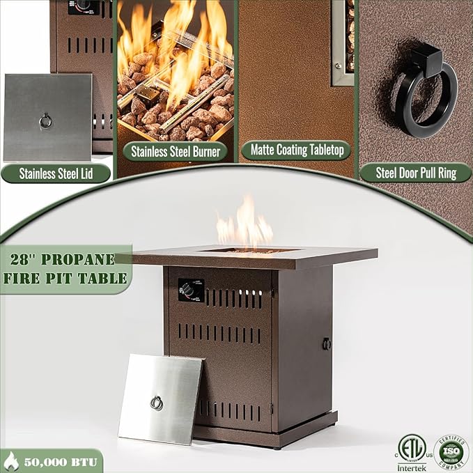 28" Propane Gas Fire Pit Table, 50000 BTU Imitation Wood Grain Finish Square Fire Pit with Lid & Volcanic Stones 2 in 1 Fire Pit Table Rock for Outside Patio Deck Garden Courtyard