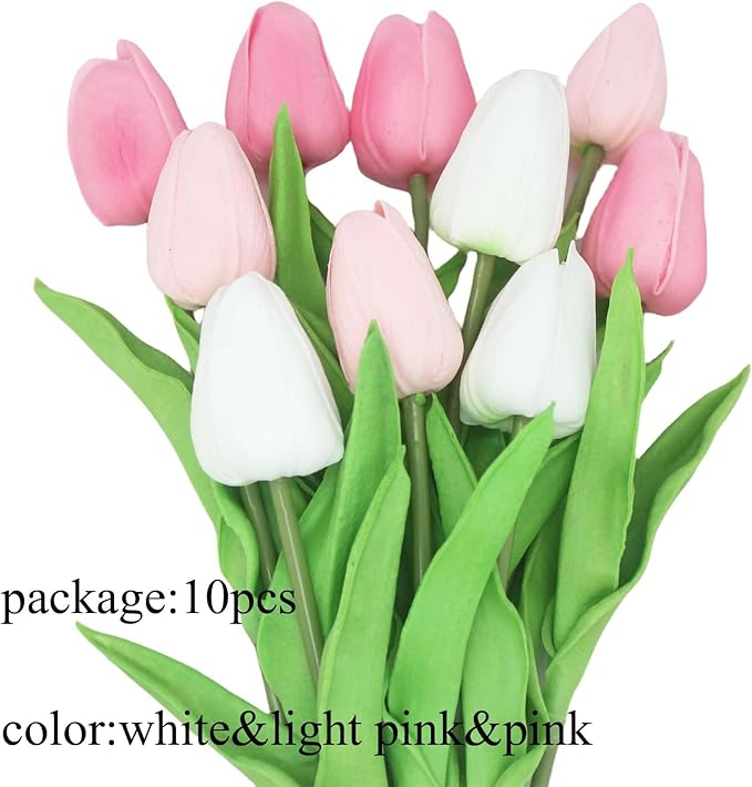 Artificial Flowers 10 Heads Mini Real Touch Artificial Tulip Multicolor Bouquet for Home Wedding Party Centerpiece Decoration (Pink&White&Light Pink)