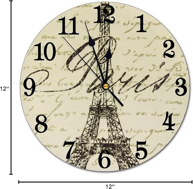 Vintage Eiffel Tower Wall Clock Battery Operated Silent Round Clock Paris Theme Wall Decor for Home Office School, 12 Inch