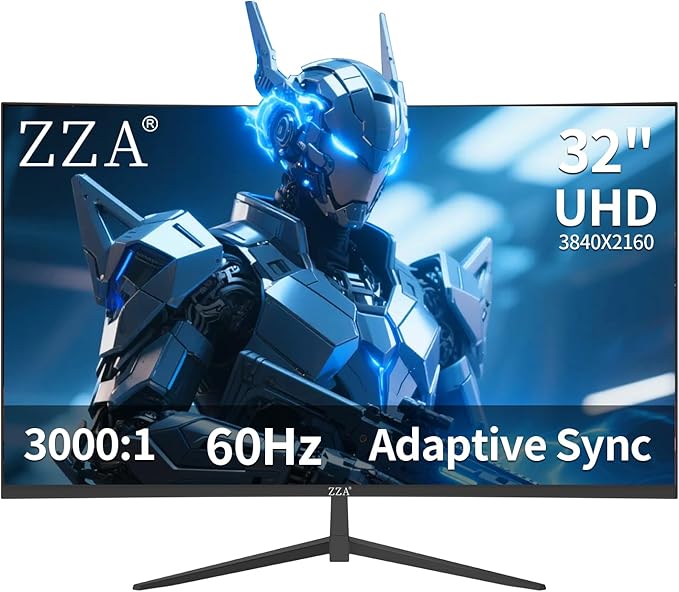 ZZA 32 Inch Curved Monitor 4K UHD 3840x2160, 60Hz 3000R VA Display, Gaming Monitor with Adaptive Sync, HDMI 2.1 & DisplayPort 1.4, 100% sRGB Computer Monitor, VESA 100x100, Black