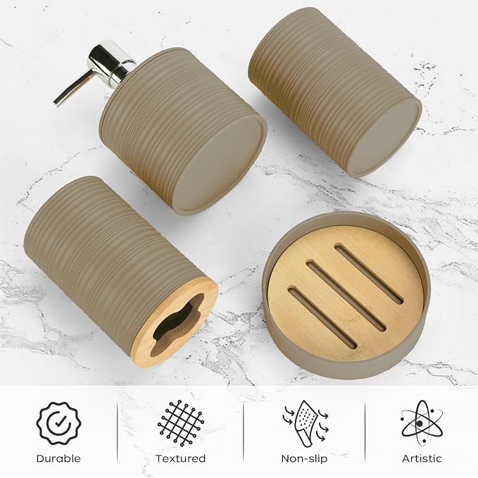 4 PCS Beige Bathroom Accessories Set, Includes a Soap Dispenser, Toothbrush Holder, Soap Dish and Mouthwash Cup, Plastics & Bamboo Bathroom Set, Bohemian Style Bathroom Sink Set