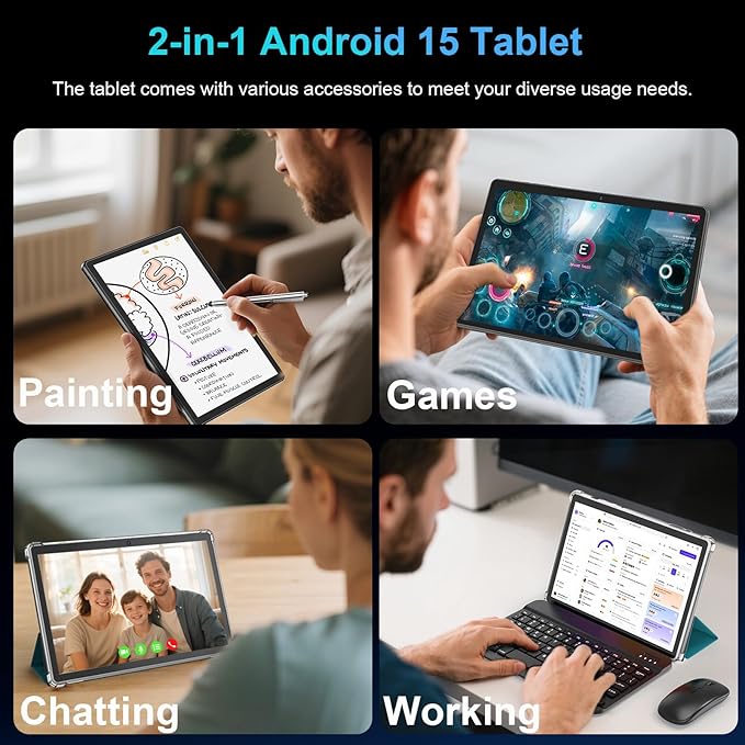 PYNAREL Android Tablet with Keyboard, 26GB+256GB, 2TB Expand, Android 15 Tablet 10 inch with Octa-Core, 8000mAh, 5G WiFi, BT5.0, Widevine L1, Split Screen, Case, Mouse, Stylus(Green Case)