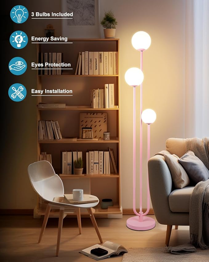 63IN 3-Light Dimmable Floor Lamp, Unique Pink Tall Standing Lamps with 3000K G9 Bulbs for Reading, Mid Century Modern Floor Lamp with 5Lbs Heavy Base for Living Room Bedroom Office