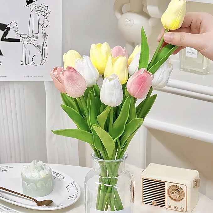 15PCS Artificial Tulips Flowers,Real Touch 14" Silk Fake Tulips,Bulk Fake Flowers,Faux Flowers,Artificial Flowers for Home Kitchen Office Dining Room Wedding Decorations (Colorful)