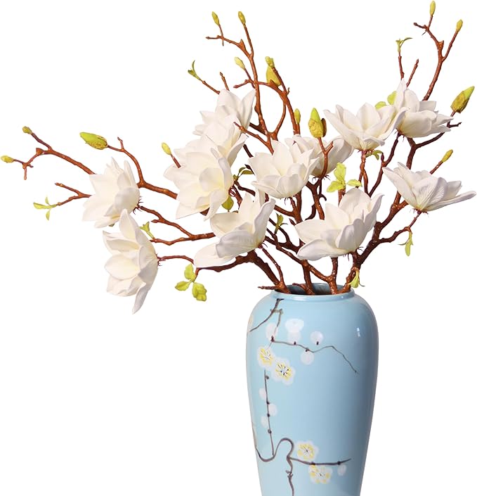 3pcs Artificial Magnolia Flower Branches, 31 Inch Long Stem Faux Floral, Premium Faux Bloom for Home Decor, Centerpieces, and Wedding Arrangements, White