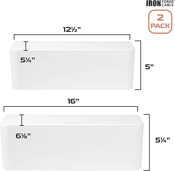 Iron Forge Cable Cable Management Box, 2 Pack - White Cord Organizer and Hider for Wires, Power Strips, Surge Protectors & More - Includes Sleeve Cables, Hook and Loop Keepers, Zip Ties & Clips