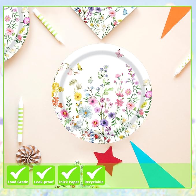 T-Antrix 40 Pcs Wildflower Plates And Napkins Party Supplies, Disposable Floral Wildflower Tableware Set for Spring Summer Picnic Wedding Birthday Tea Party Decoration Baby Shower Serves 20