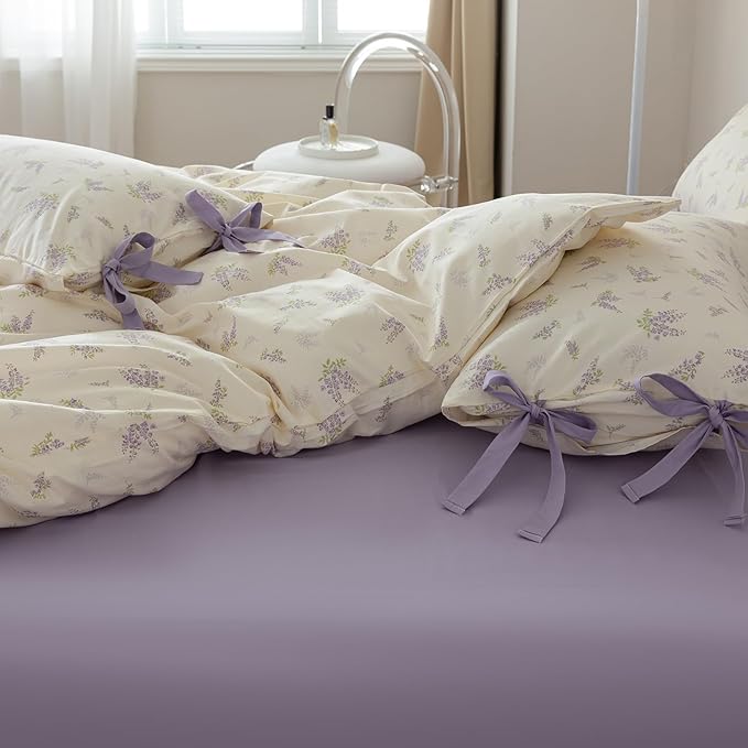 Purple Floral Duvet Cover Queen 3 Piece Cotton Flower Botanical Duvet Cover Vintage Style Lilac Floral Comforter Cover Girls Cottagecore Bedding Sets 1 Queen Duvet Cover with 2 Bow Ties Pillowcases