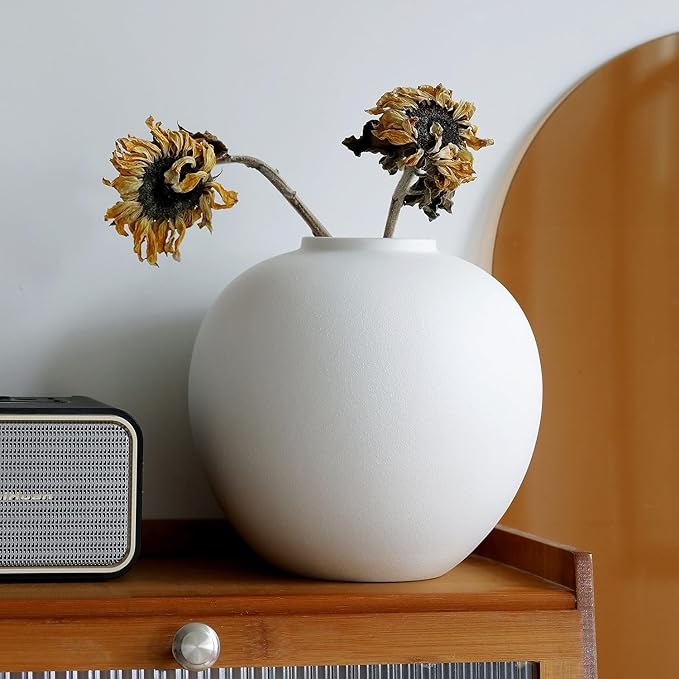Extra Large White Ceramic Flower vase, Decorative Jar Oversize Modern Centerpiece Table Decorations,Round Shape Rustic Ceramic vases for Home Decor Dining Room(White, 0614)