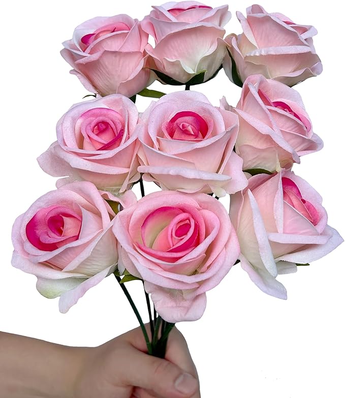 FagusHome 30 Pcs Silk Rose Artificial Flowers Roses Bulk Bouquet Fake Flowers Rose Heads with Stems for Home Wedding Decor (Pink)
