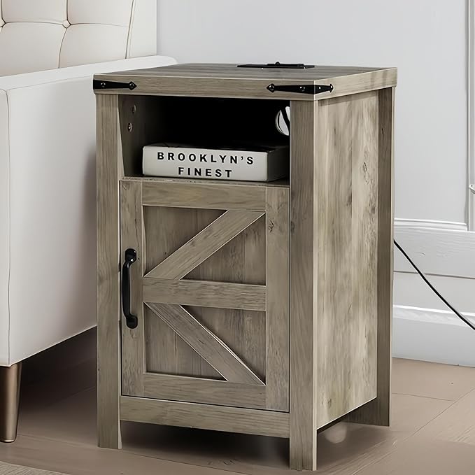 Farmhouse Living Room Table Set of 3, 2 Rustic End Table with Charging Station and 1 Sofa Table with Large Hidden Storage, Farmhouse Sofa Table Set for Living Room, Office, Grey