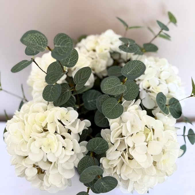 Real Touch White Faux Hydrangea And Eucalyptus Arrangement, Faux Floral Arrangements, Hyper Realistic Artificial Flowers, White Centerpieces For Kitchen Dining Coffee Table Decor, 5 Heads + Greenery