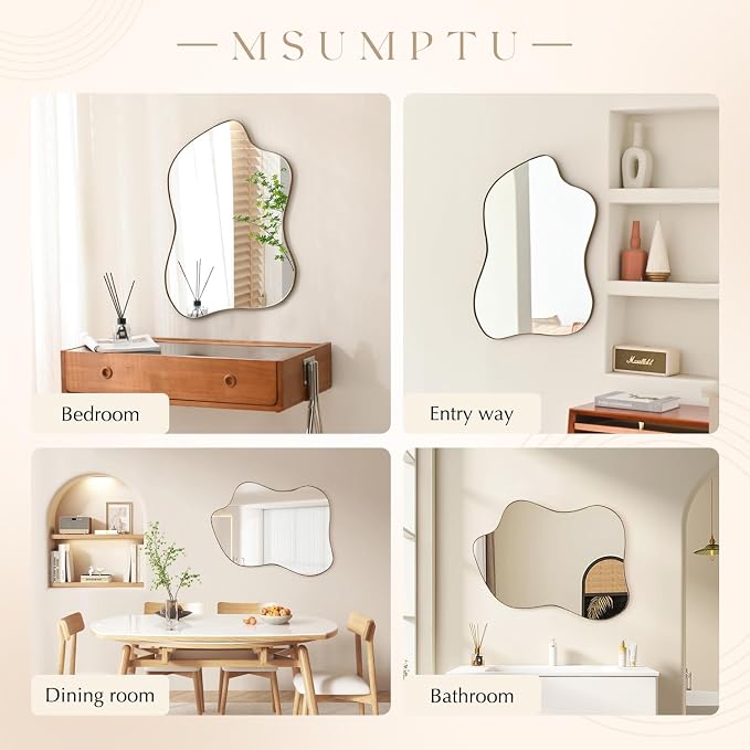 Irregular Wall Mirror Brass Wave Shaped Metal Framed Wall Mirror for Bathroom Bedroom Entryway Living Room Wall Decor 28" L x 20" W 2304G