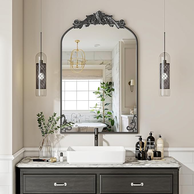 VooBang 24x36 inch Vintage Arched Bathroom Mirror - Gorgeous Wall Vanity Mirror with Beautiful Retro Top and Bottom Engraving Process Frame for Entryway Hallway Living Room, Black