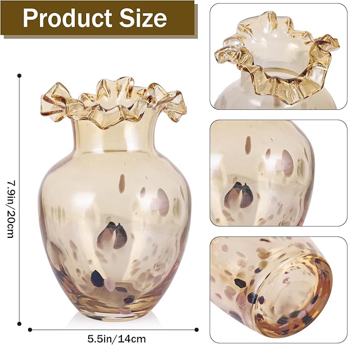 Hand Blown Amber Glass vase, Unique Glass Wide Mouth vase for Console Office TV Stand Coffee Table entryway Entrance Desktop Living Room Dining Table Centerpiece.