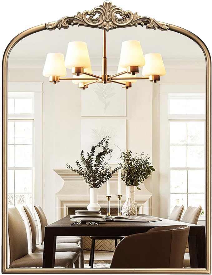 Arched Antique Gold Wall Mirror, 28"x36" Vintage Bathroom Mirror Over Sink, Ornate Arched Brass Wall Mirror for Fireplace, Living Room, Entryway, Bedroom, Hanging or Leaning