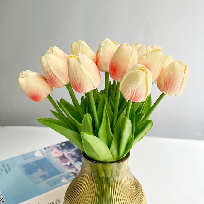 20 Pcs 13” Real Touch Champagne Pink Tulips Artificial Flowers, Latex Pu Fake Faux Lifelike Flowers with Stems, for Wedding Bouquet Christmas Home Decor